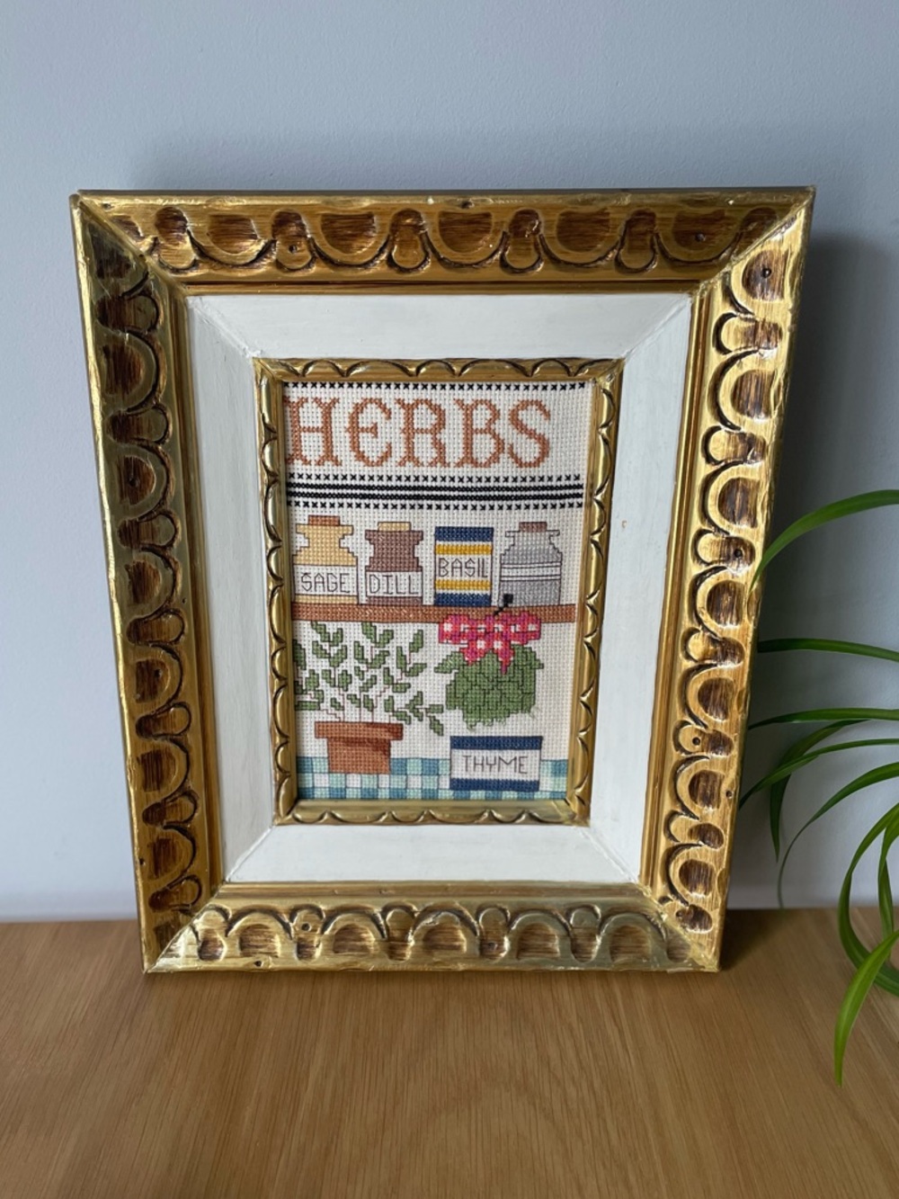 Vintage Framed 'Herbs' Cross-Stitch Wall Art in Gold and White Wood Frame